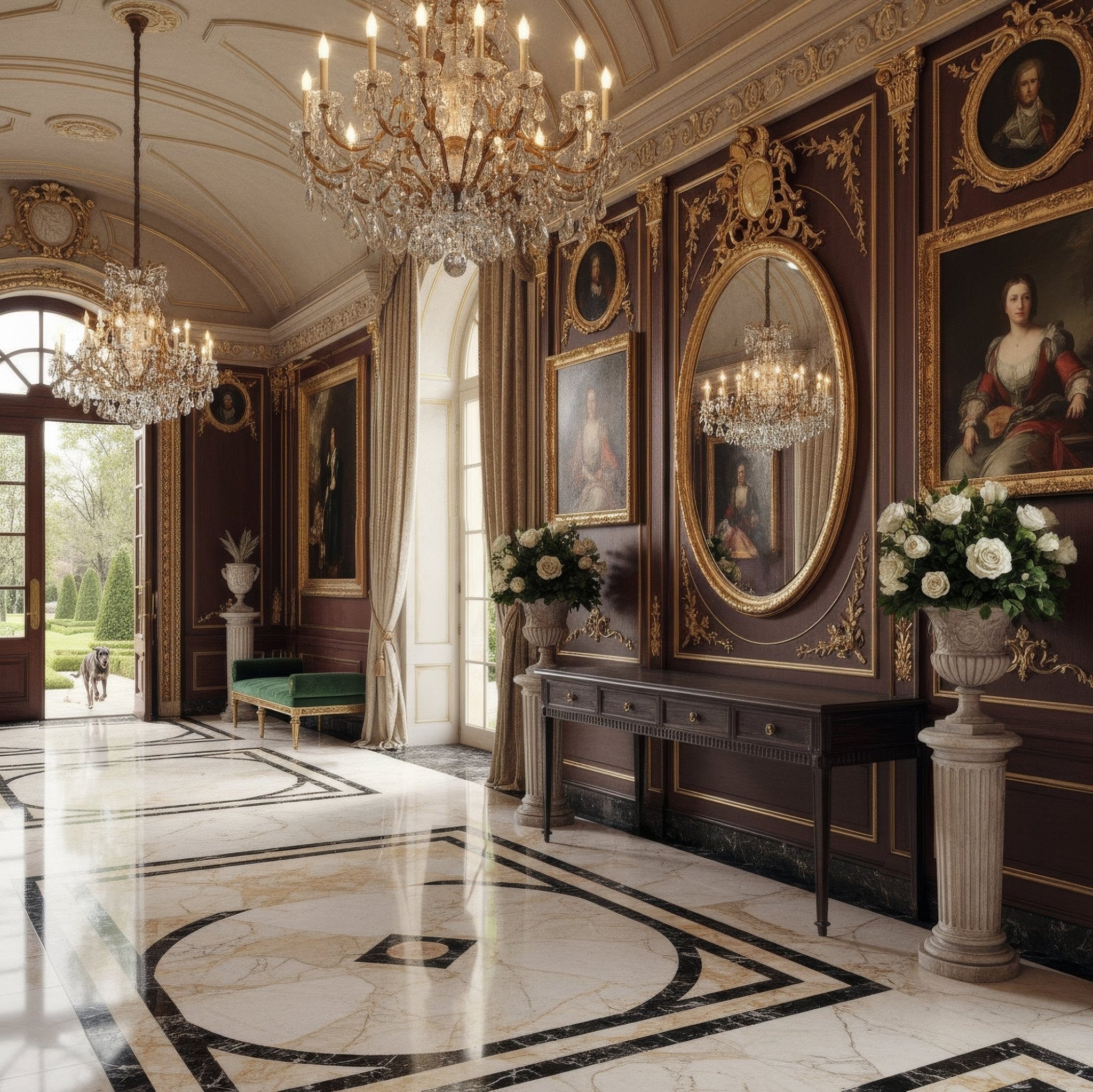 Console table in luxurious hallway setting with chandeliers.
