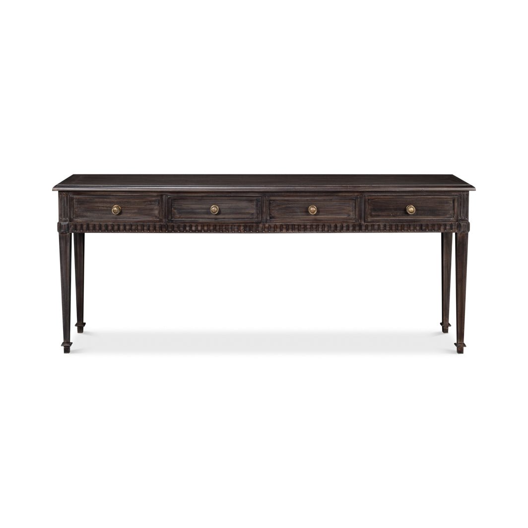 Front view of classic console table with drawers.