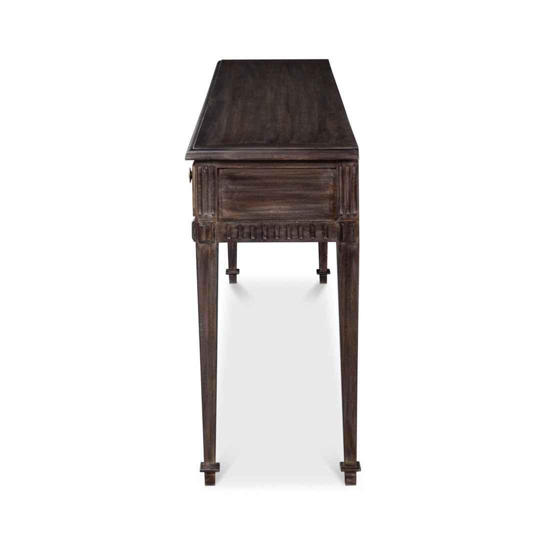 Side perspective of console table, showcasing leg design.