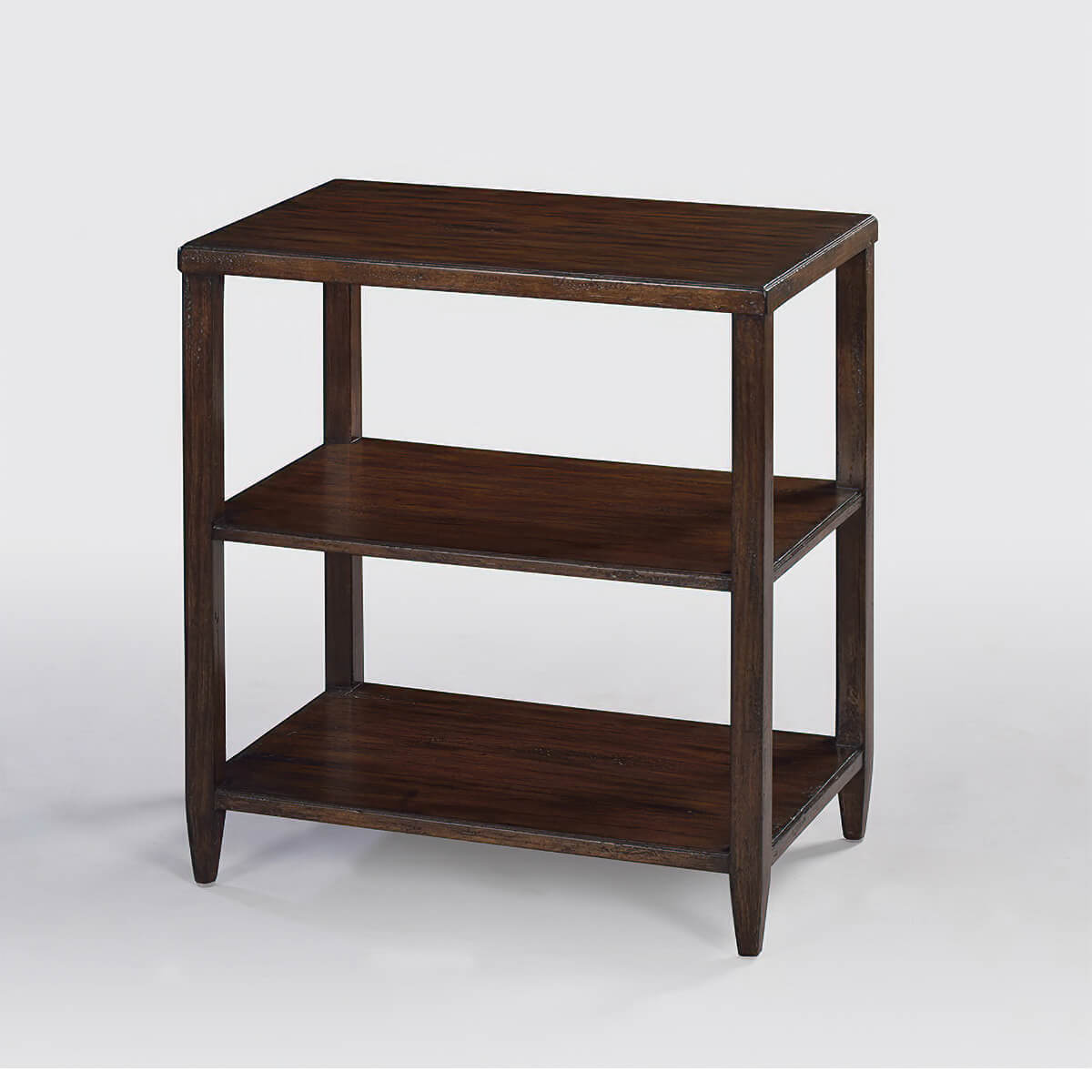 Three-tier wooden side table, angled view, dark finish