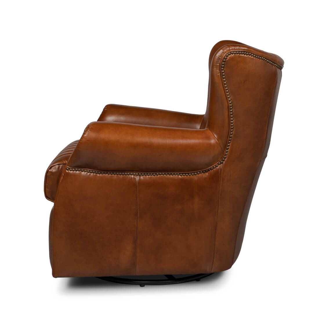 Brown leather swivel chair, side profile.