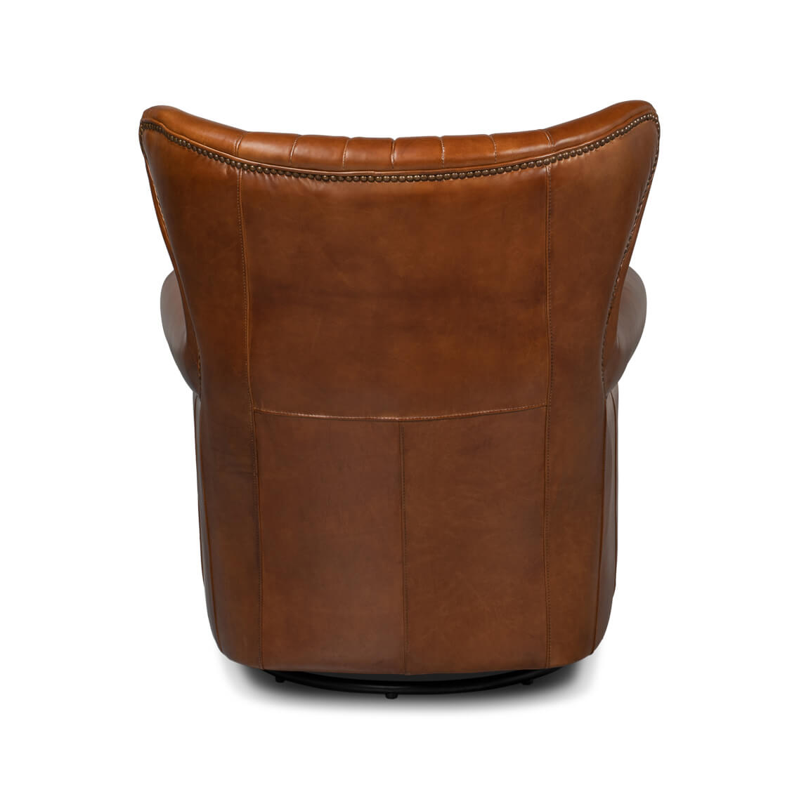 Brown leather swivel chair, rear view.
