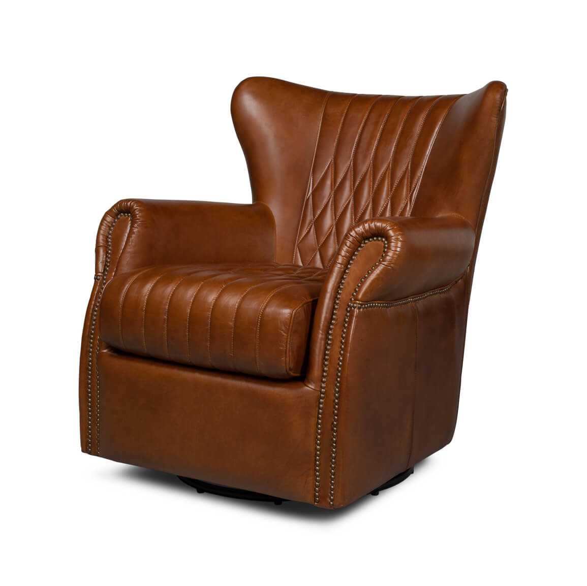 Brown leather swivel chair, angled front view.
