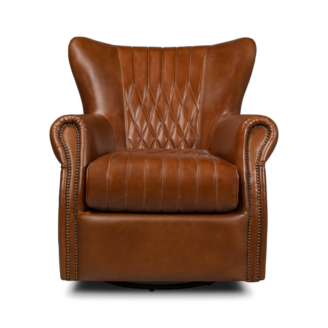 Brown leather swivel chair, frontal view.