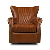 Brown leather swivel chair, frontal view.