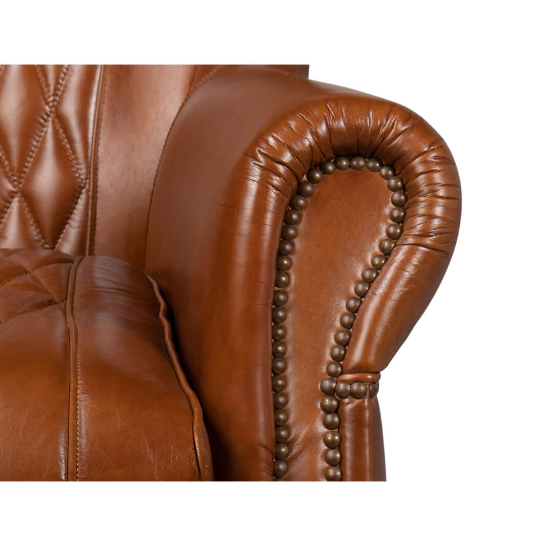 Leather chair arm and cushion, close-up view.