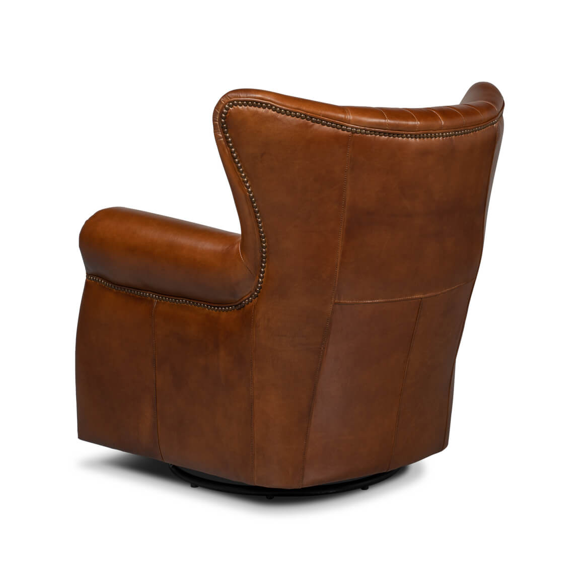 Brown leather swivel chair, angled back view.