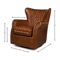 Brown leather swivel chair, dimensions annotated.