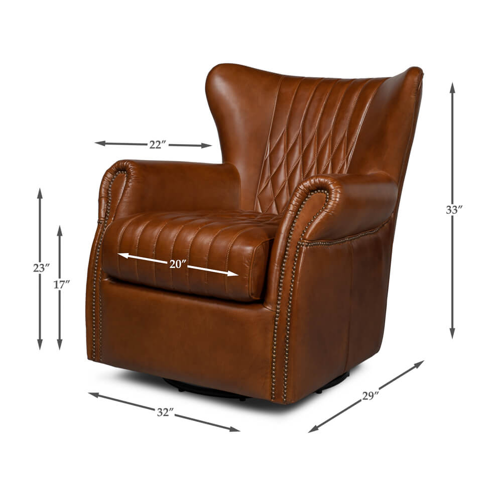 Brown leather swivel chair, dimensions annotated.