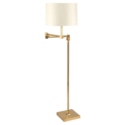 Brass floor lamp with white shade, side view.