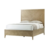Light wood frame bed with bedding, angled view.
