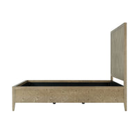Side view of empty light wood bed frame.
