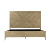 Front view of empty light wood bed frame.