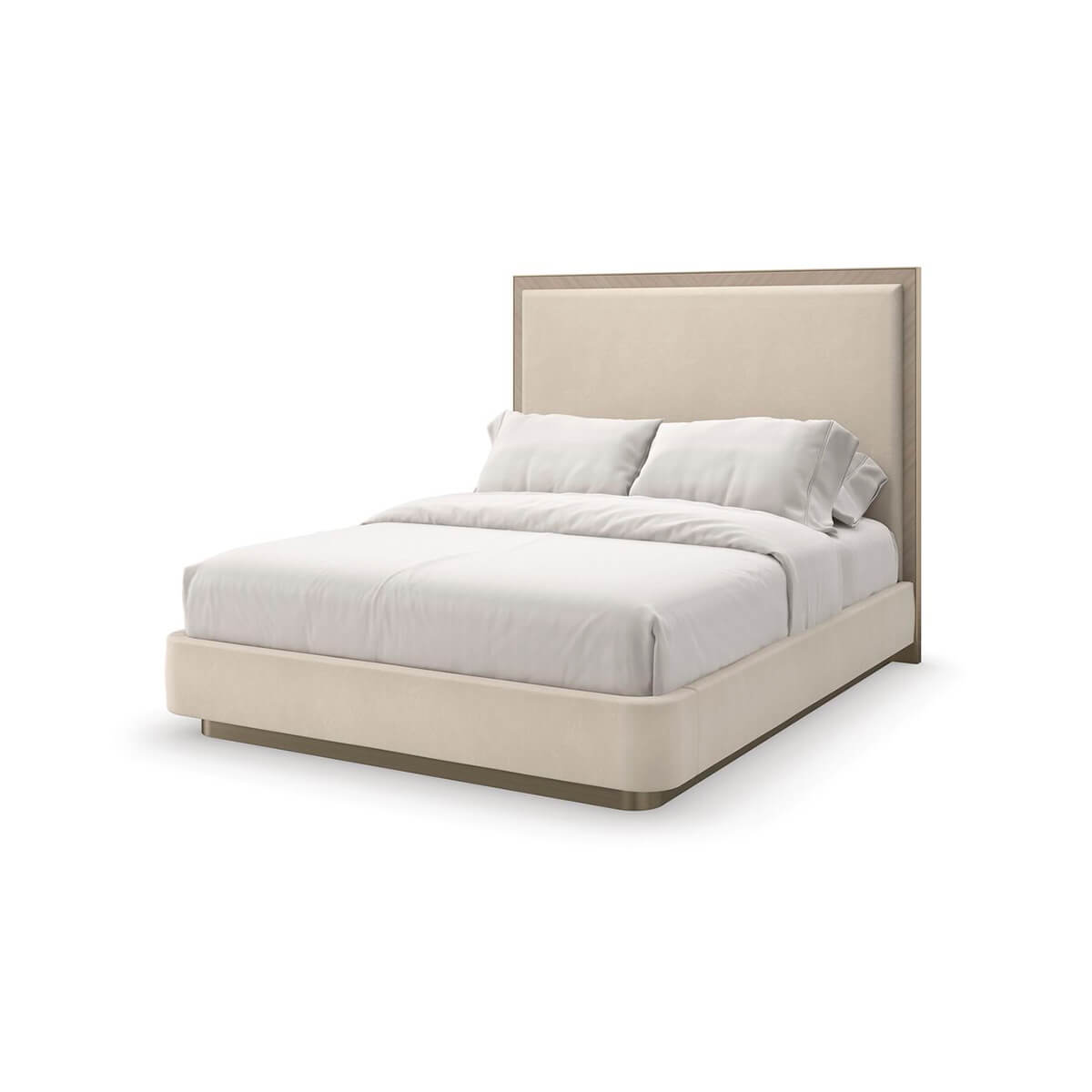 Angled view of classic modern upholstered queen bed.
