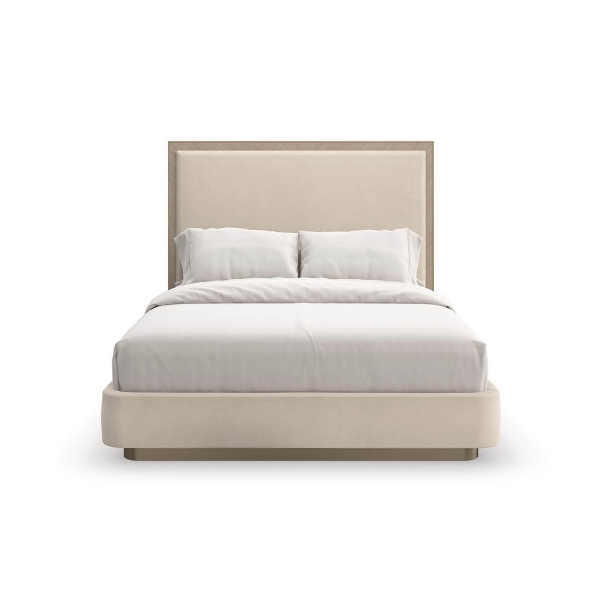 Front view of classic modern upholstered queen bed.