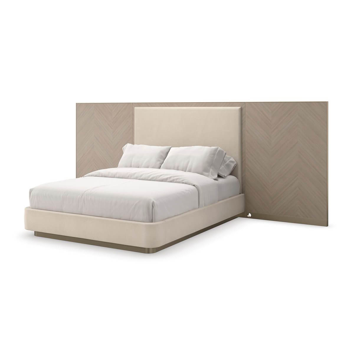 Front view of modern upholstered queen bed with wings.