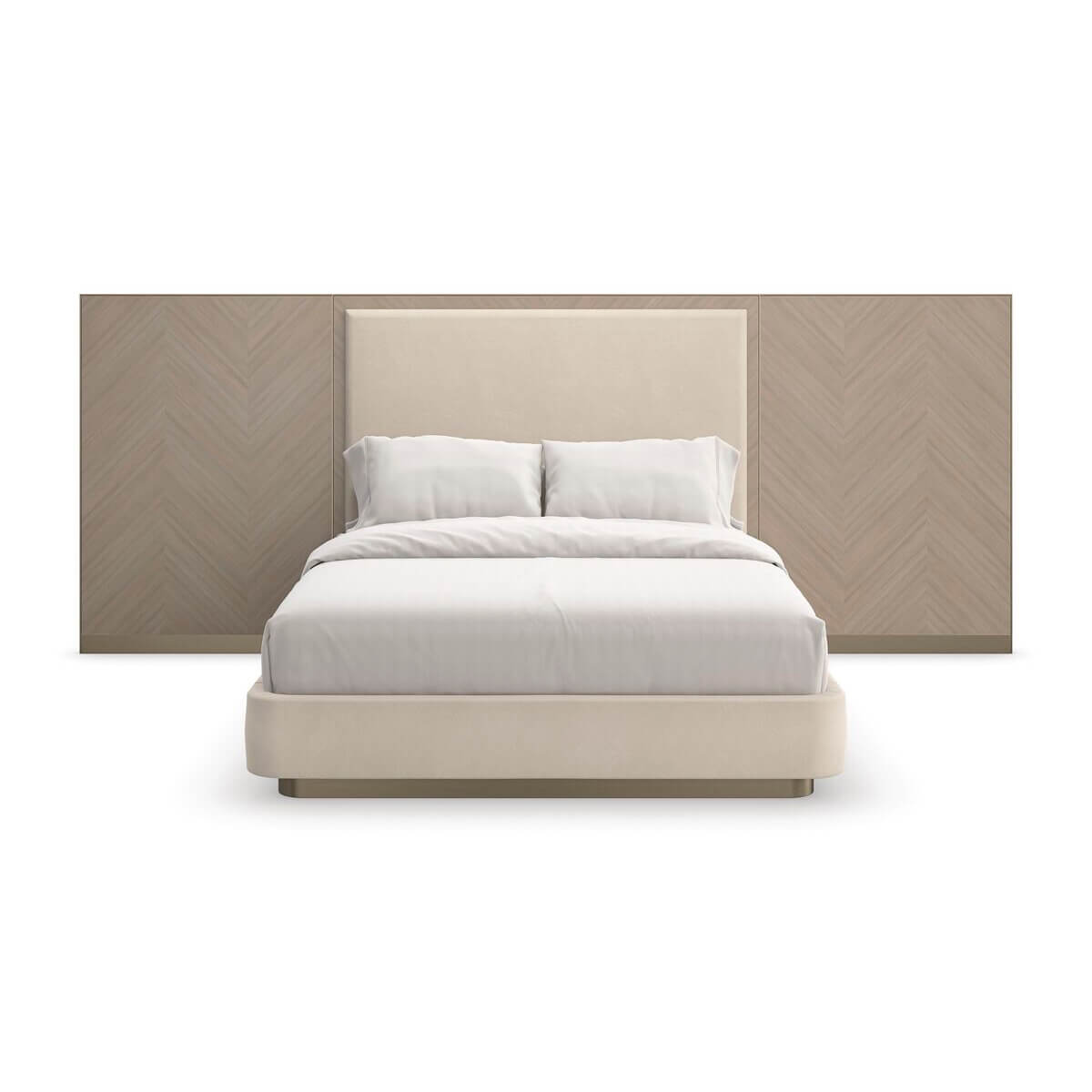 Front angle of upholstered queen bed with extended wings.