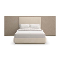 Front angle of upholstered queen bed with extended wings.