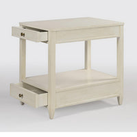 Classic narrow side table, drawers open, drift white.