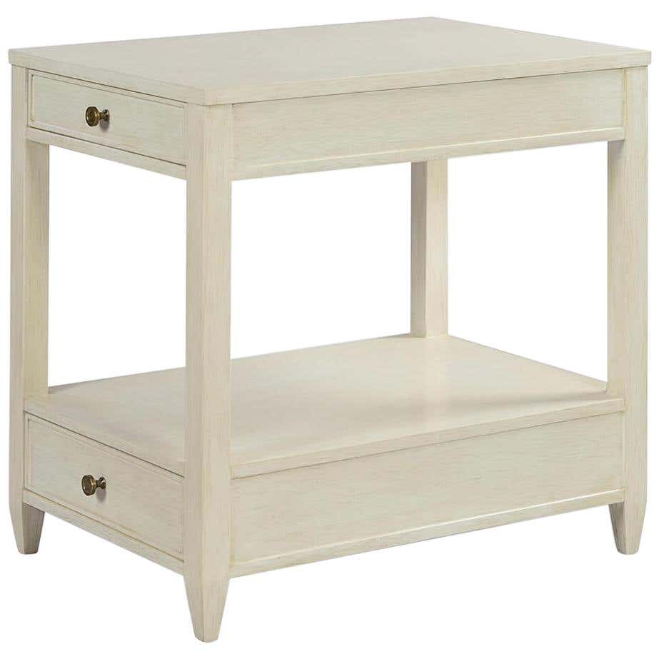Classic narrow side table, front view, drift white finish.