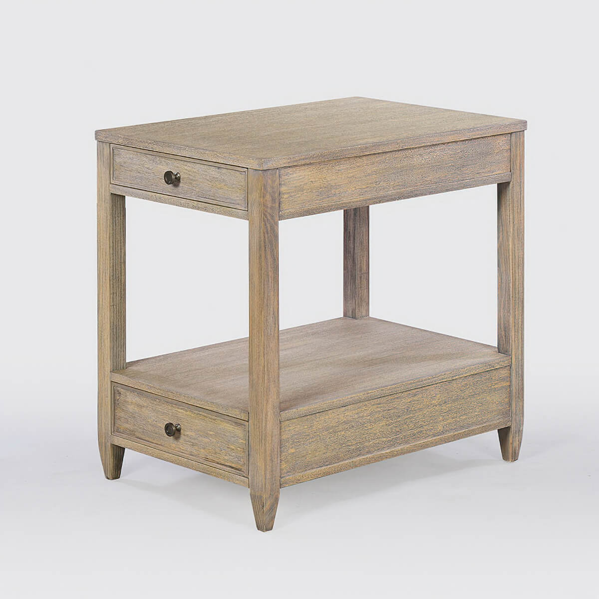 Side table, angled view, grey finish, rustic design