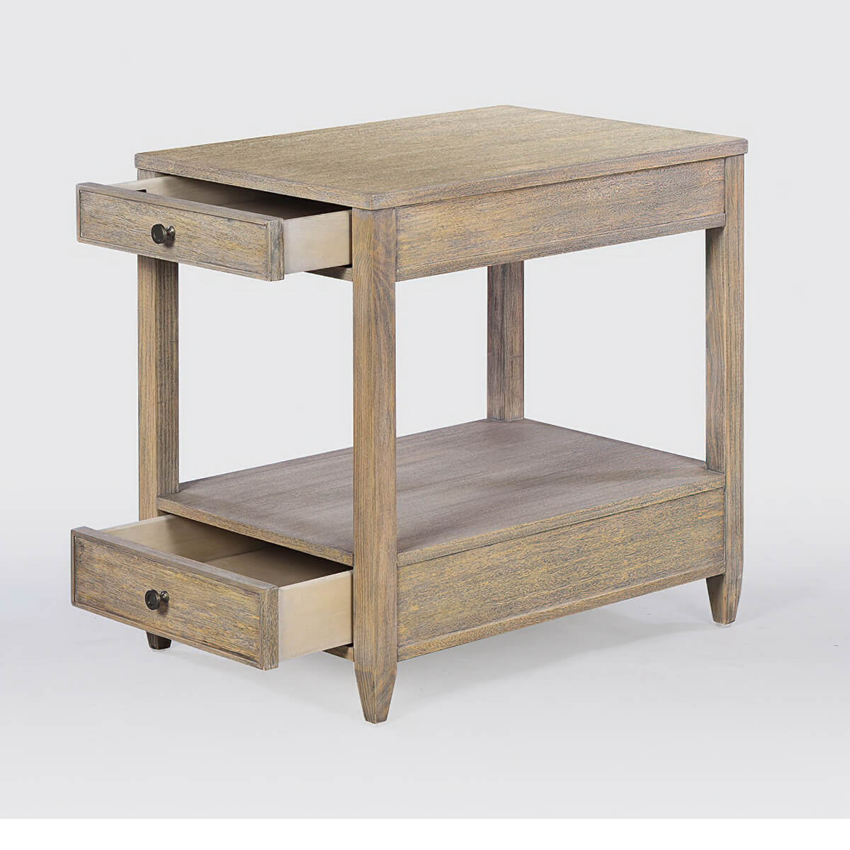 Side table with open drawers, showcasing storage