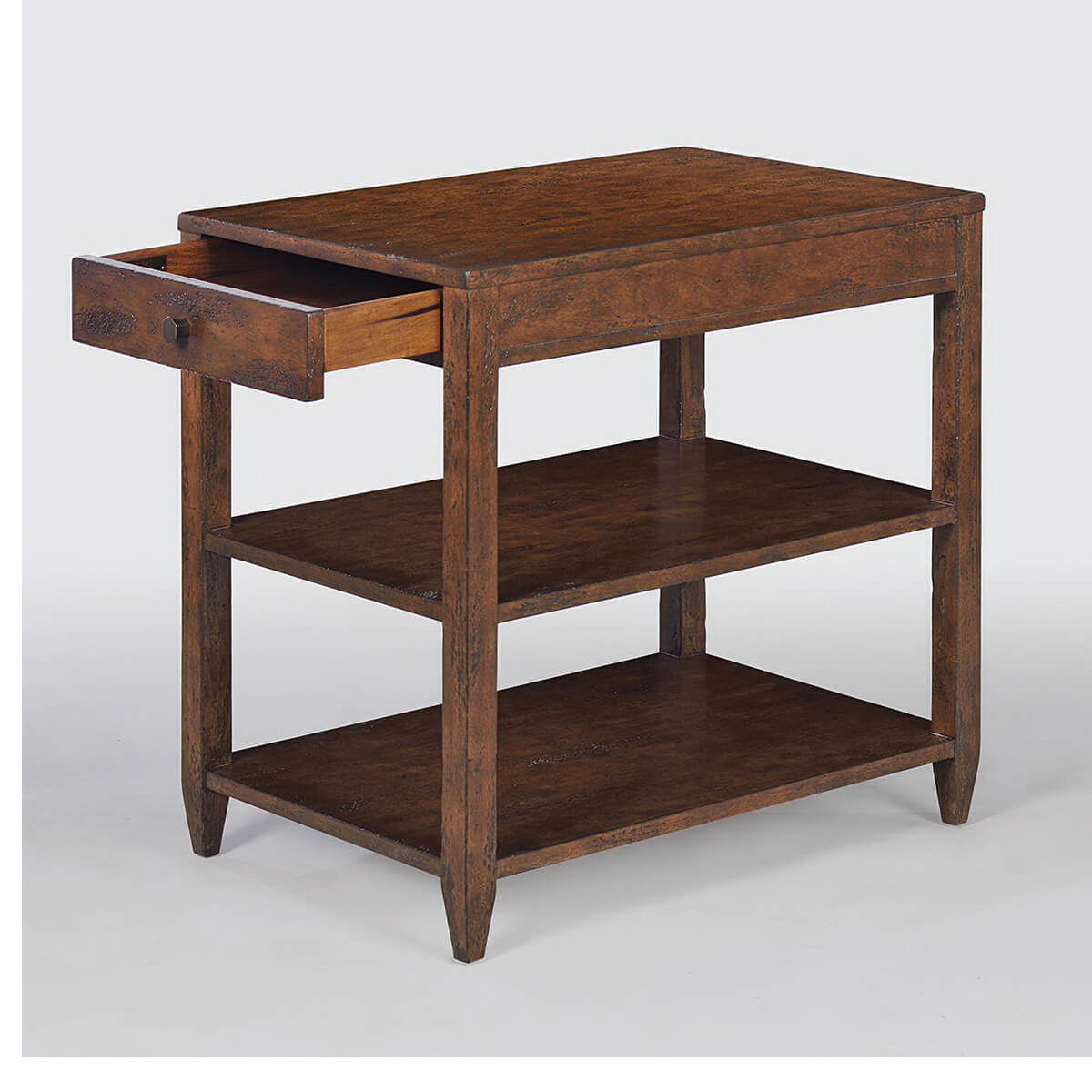 Narrow side table with open drawer, mahogany finish.