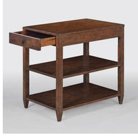 Narrow side table with open drawer, mahogany finish.