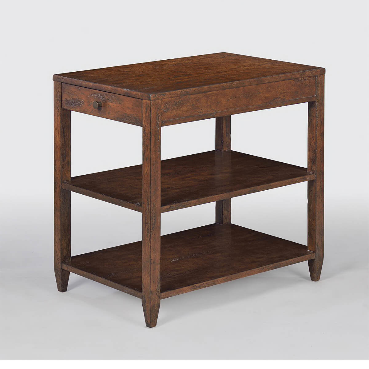 Angled view of narrow side table, mahogany finish.