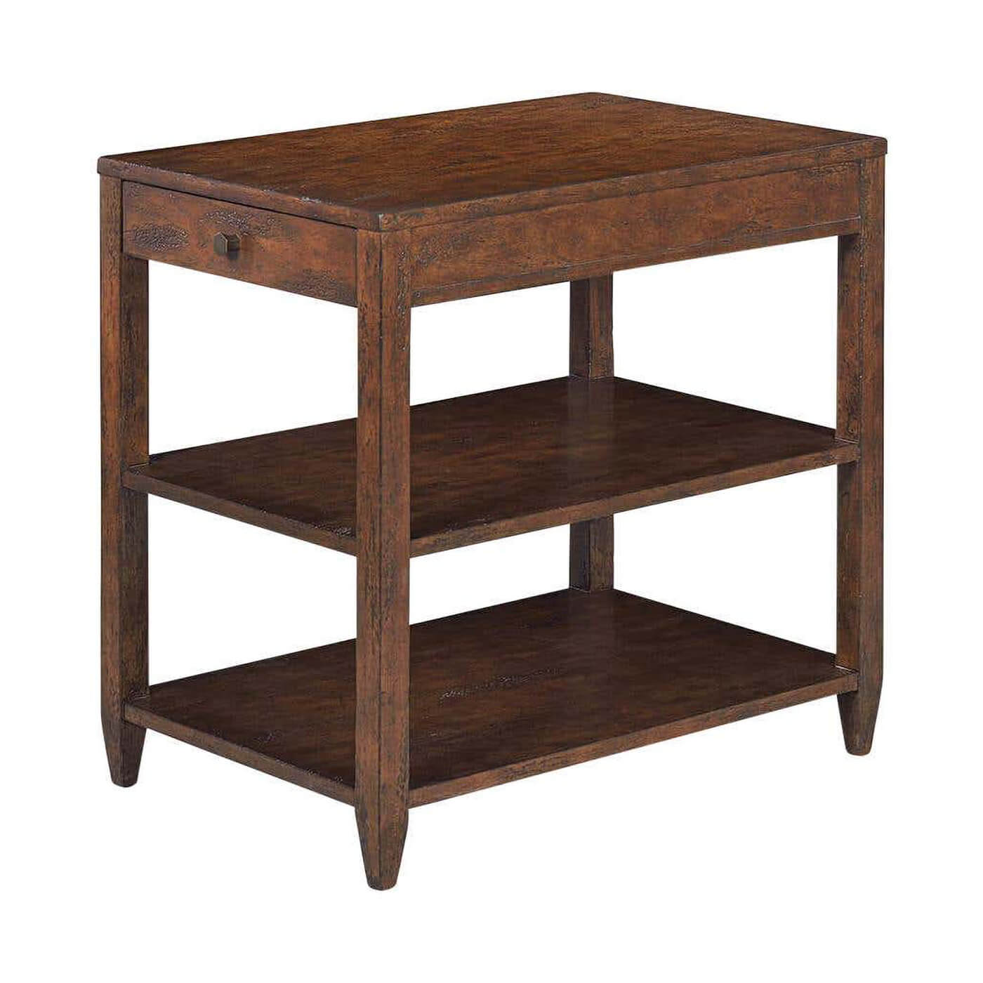 Classic narrow side table with two shelves, mahogany finish.