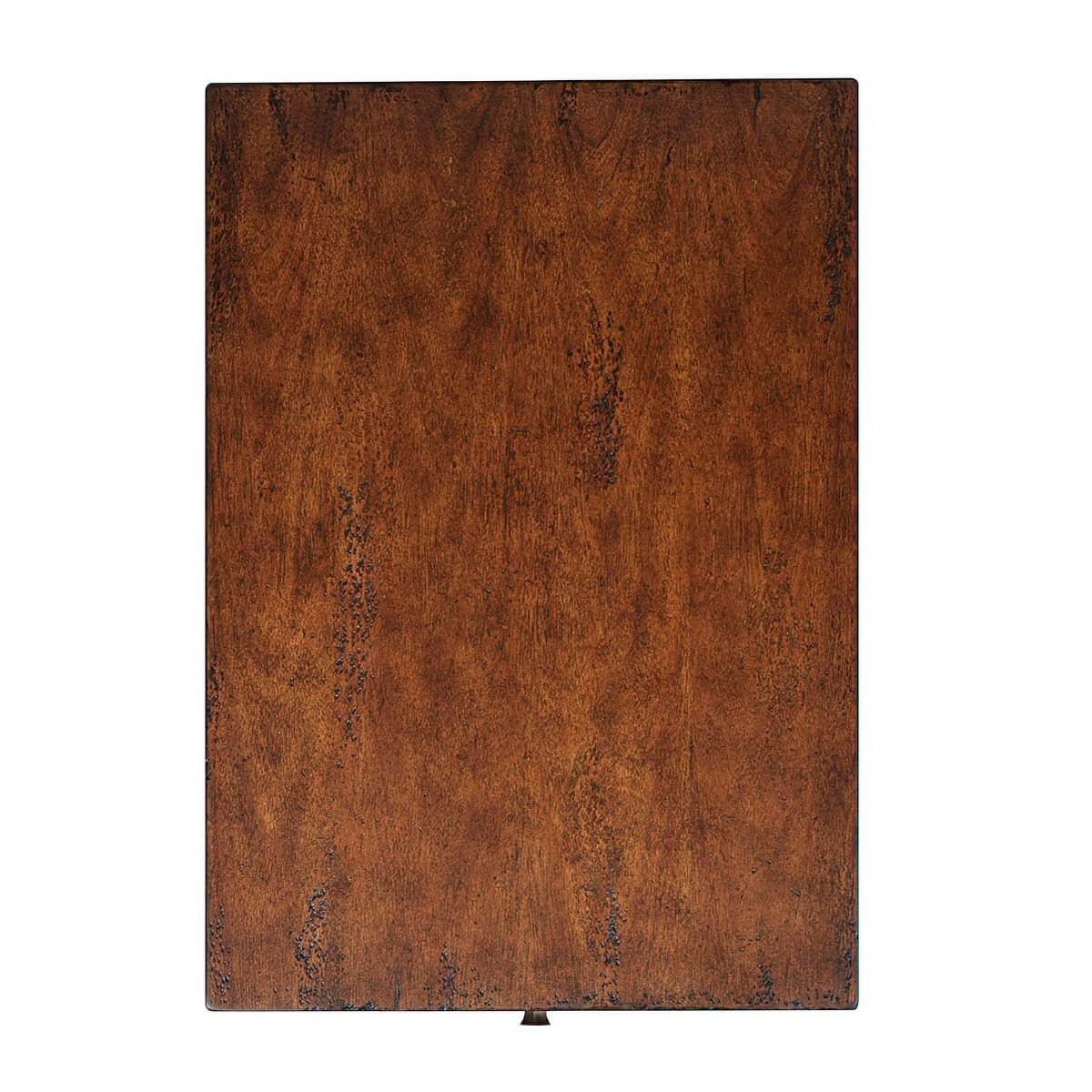 Top view of mahogany finish side table surface.