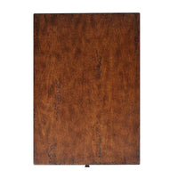 Top view of mahogany finish side table surface.