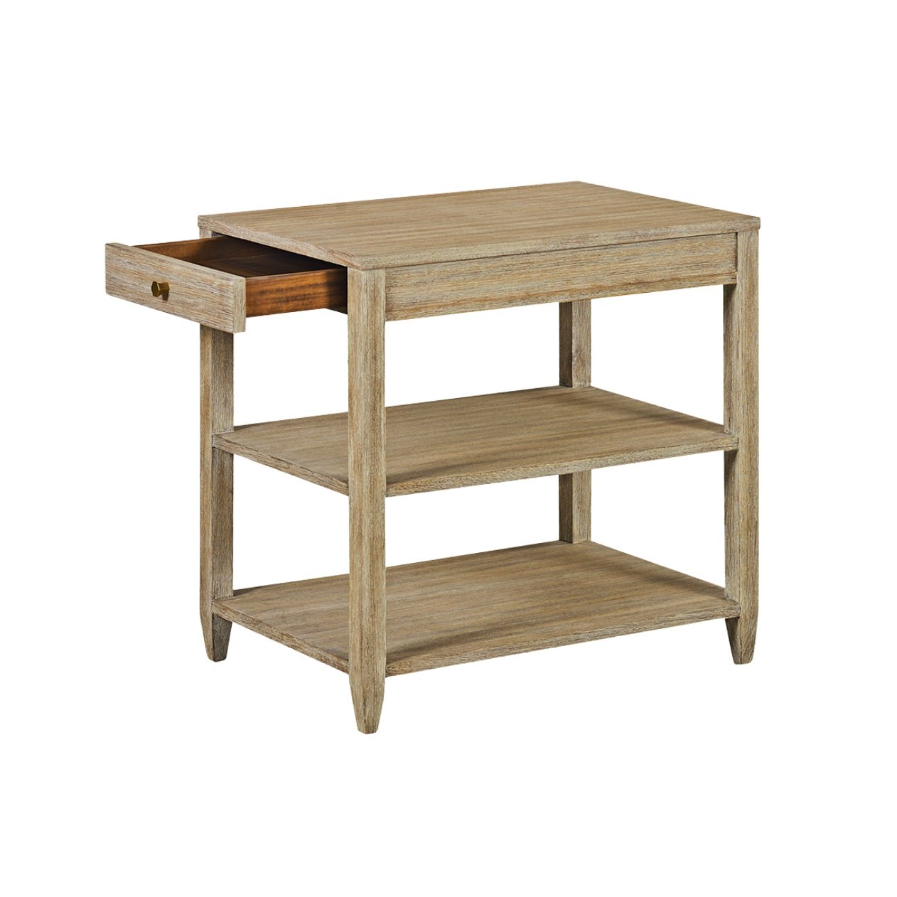 Side table with open drawer, weathered finish detail.