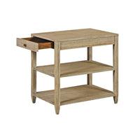 Side table with open drawer, weathered finish detail.