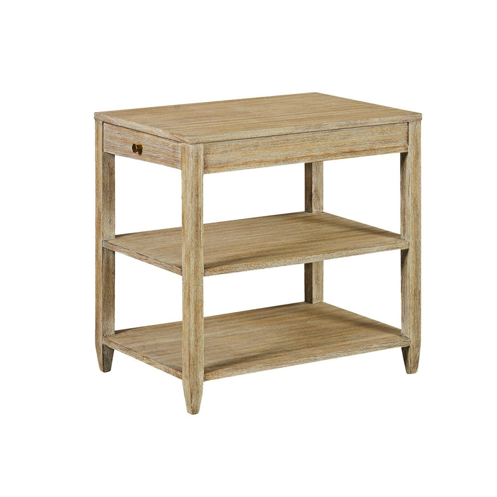 Side table with shelves, weathered finish, front view.