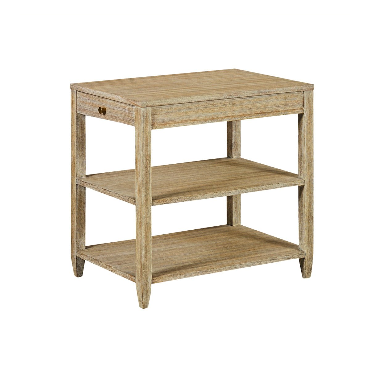 Side table with shelves, weathered finish, front view.