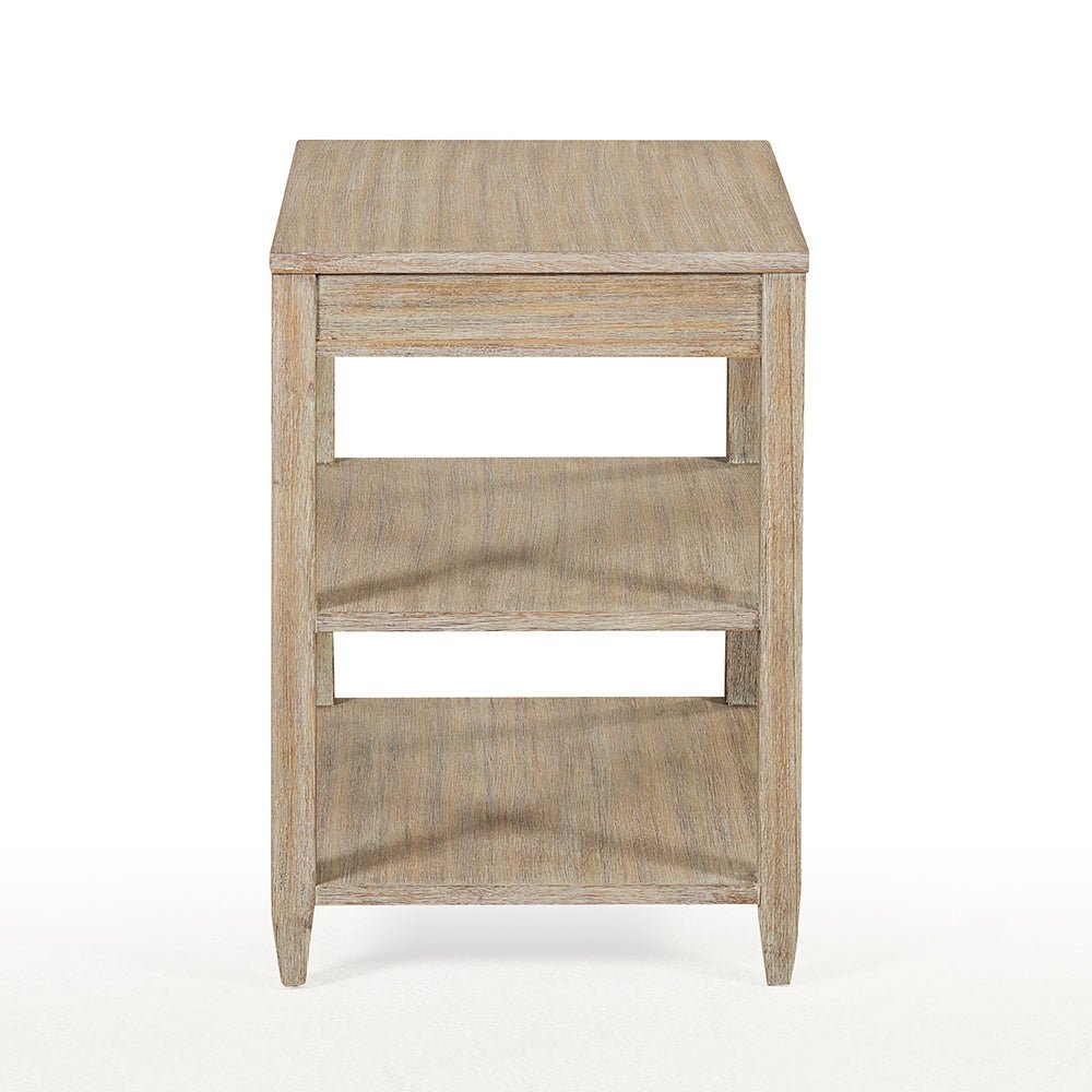 Side view of narrow side table showing shelves.