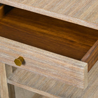 Close-up of side table drawer handle and interior.