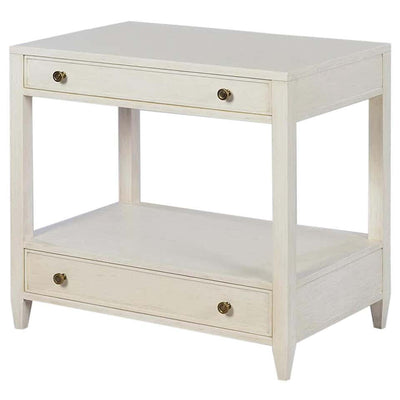 Drift white nightstand front view with drawers closed.