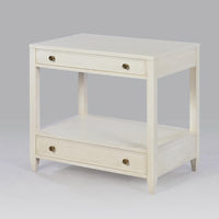 Drift white nightstand angled view with drawers shut.