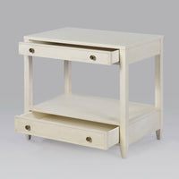 Drift white nightstand with open drawers, side view.