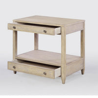 Greyed nightstand with open drawers showcasing storage.
