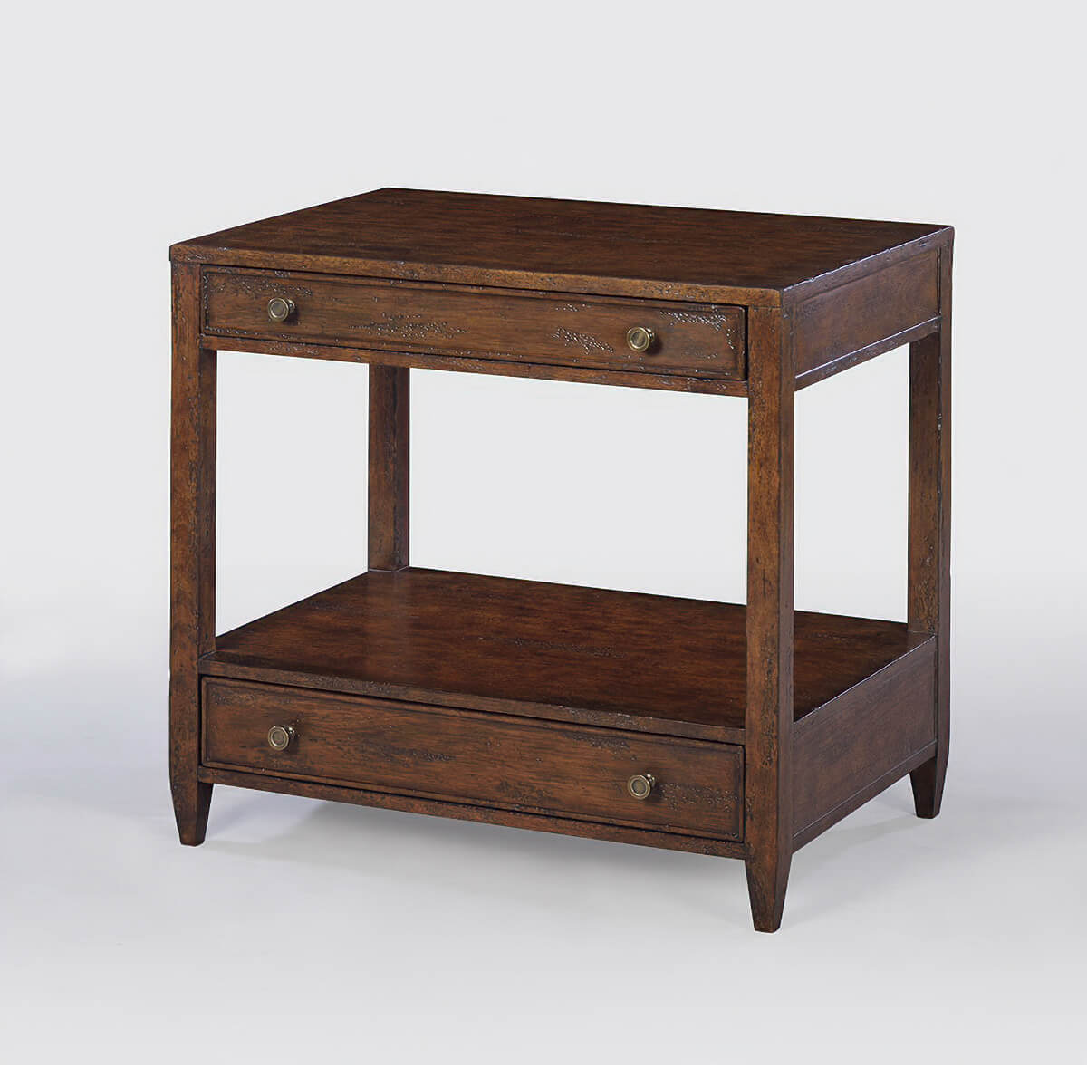 Classic nightstand showing open shelf and drawers.
