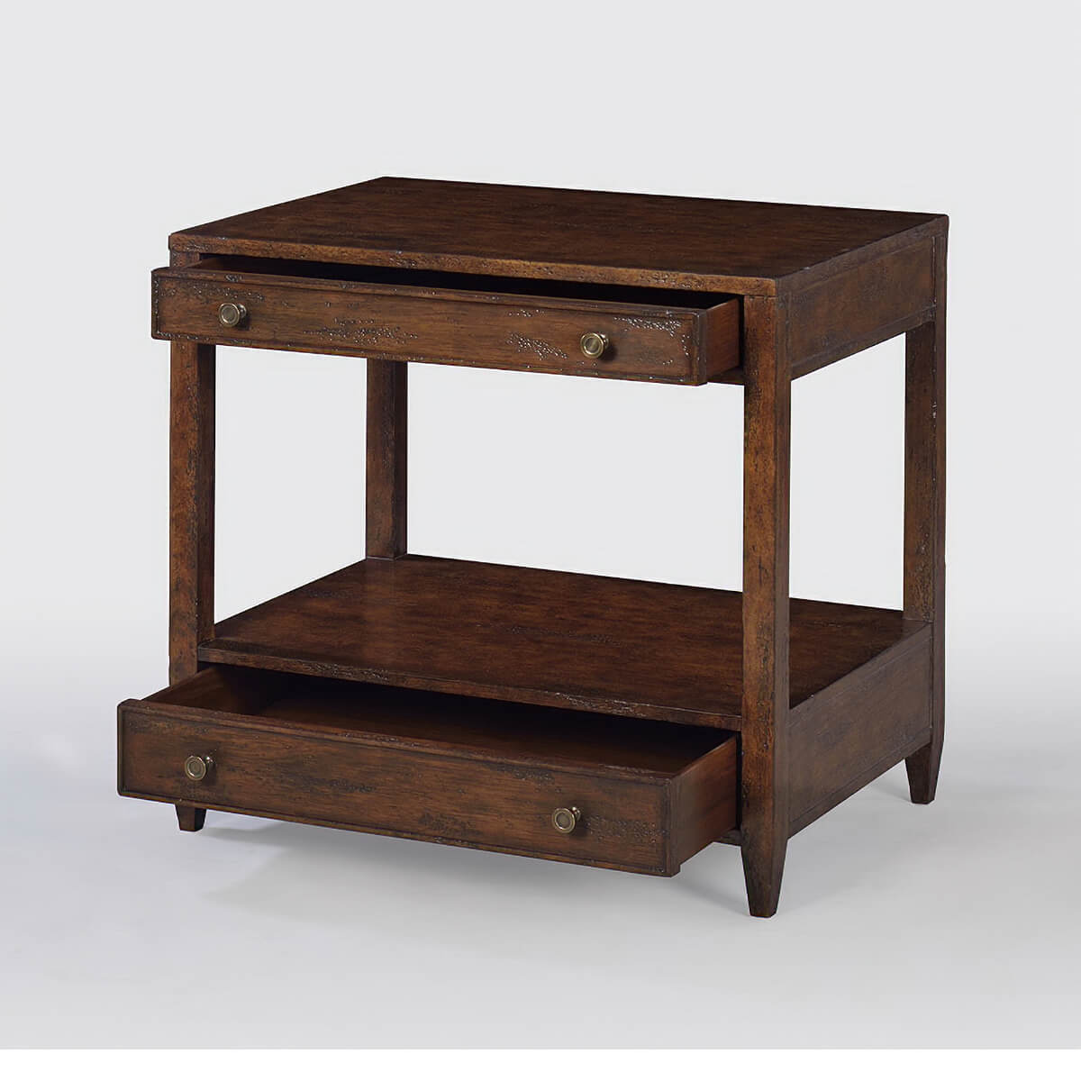 Classic nightstand with drawers partially open.