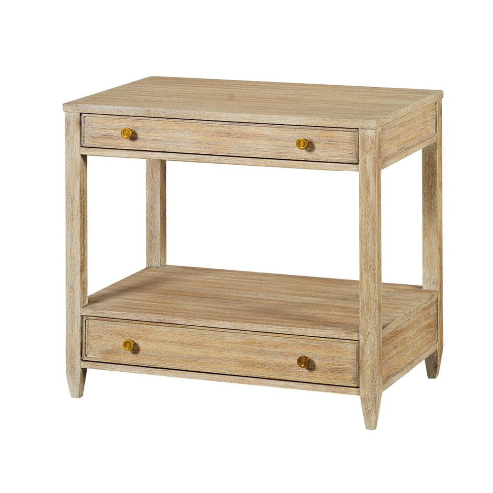 Nightstand front view, closed drawers, weathered finish.