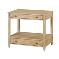 Nightstand front view, closed drawers, weathered finish.