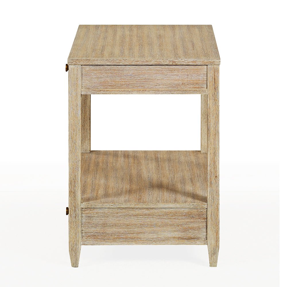 Nightstand side view, closed, wood texture.