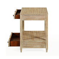 Nightstand side view, drawers open, rustic finish.