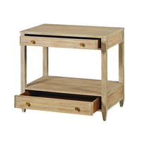 Nightstand, one drawer open, weathered finish.