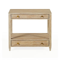 Nightstand front view, drawers closed, wood texture.